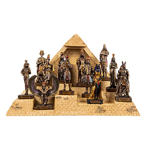 Set 12 ägyptische Götter auf einer Pyramidenbasis, handbemalte Bronze-Miniatur-Statuen von BEAUTIFUL GREEK STATUES