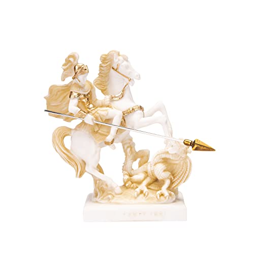 Statue Saint George auf Pferd, Alabaster-Statue, goldfarben, 18 cm von BEAUTIFUL GREEK STATUES