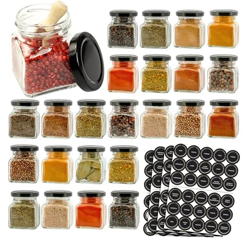 BEAUTIONA 24 Gewürzdosen Set mit Etiketten - Glas 150ml - Transparent mit schwarzen Deckeln - für Gewürze, Kräuter, Konserven von BEAUTIONA