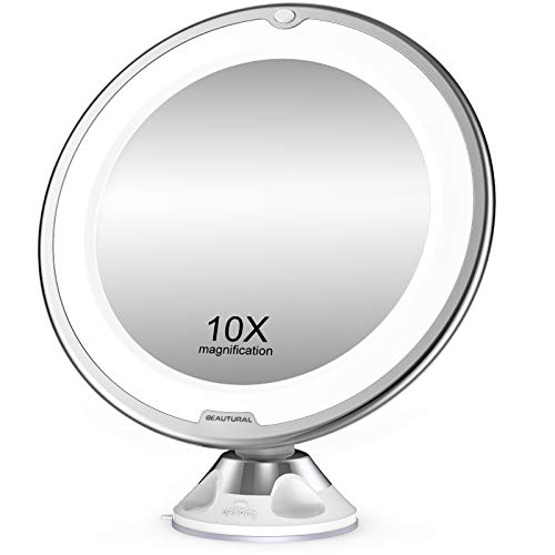 BEAUTURAL Kosmetikspiegel 10-Fach Vergrößerung LED Beleuchtet Schminkspiegel 360 ° Schwenkbar mit Integriertem Saugnapf Rasierspiegel Wandspiegel vergrößerungsspiegel Batteriebetrieben von BEAUTURAL