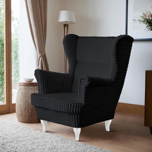 BEAUTY SOFA - Felix Sessel - Ohrensessel - Relaxsessel mit Armlehnen - Fernsehsessel - Polstersessel - für Wohnzimmer, Schlafzimmer - Sessel Wohnzimmer - Schwarz (Tilia 100), Beine Weiß von BEAUTY SOFA