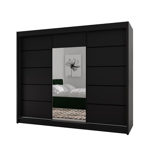 BEAUTY SOFA Monika - Schrank mit Spiegel - Kleiderschrank mit Schiebetüren - Schubladen im Inneren - Garderobenschrank, Mehrzweckschrank, Flurschrank, 200 cm breit - Schrank Schwarz Schwarze Sprossen von BEAUTY SOFA