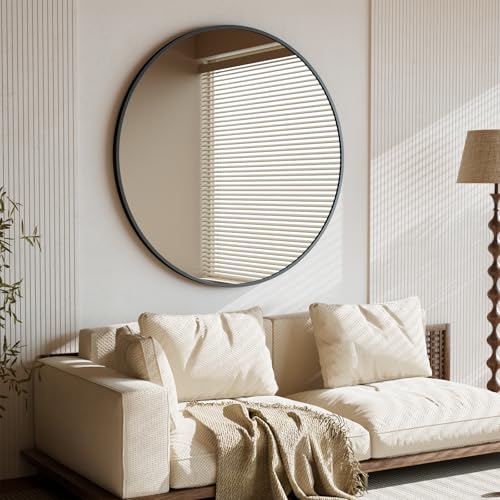BEAUTYPEAK 106 cm Runder Spiegel, Bruchsicherer Wandspiegel mit Aluminiumrahmen, Badezimmer Spiegel zum Aufhängen und Anlehnen, Rund Wandspiegel für Schlafzimmer, Bad, Wohnzimmer Schwarz BEAUTYPEAK 106 cm Runder Spiegel, Bruchsicherer Wandspiegel mit Aluminiumrahmen, Badezimmer Spiegel zum Aufhängen und Anlehnen, Rund Wandspiegel für Schlafzimmer, Bad, Wohnzimmer Schwarz von BEAUTYPEAK