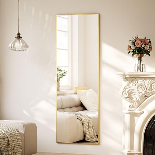 BEAUTYPEAK Ganzkörperspiegel 40x150 cm, Standspiegel und Wandspiegel mit Aluminiumrahmen, Shatterproof Glas für Verzerrungsfreie Reflexion, ideal für Outfit Checks, Schlafzimmern, Fluren Gold von BEAUTYPEAK