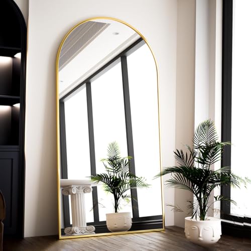 BEAUTYPEAK Großer Bogen Ganzkörperspiegel 180x76 cm, Gewölbter Standspiegel hängend oder lehnend an die Wand, groß Bodenspiegel mit Ständer für Schlafzimmer, Wohnzimmer oder Ankleidezimmer, Gold von BEAUTYPEAK
