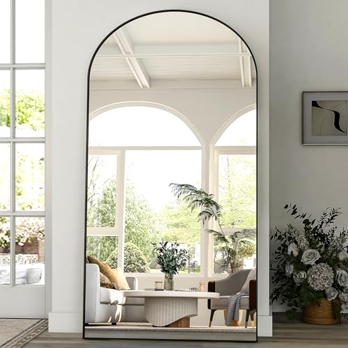 BEAUTYPEAK Großer Bogen Ganzkörperspiegel 218x102 cm, Gewölbter Standspiegel hängend oder lehnend an die Wand, groß Bodenspiegel mit Ständer für Schlafzimmer, Wohnzimmer oder Ankleidezimmer, Schwarz von BEAUTYPEAK