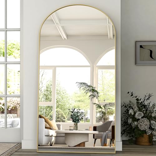 BEAUTYPEAK Großer Bogen Ganzkörperspiegel 218x102 cm, Gewölbter Standspiegel hängend oder lehnend an die Wand, groß Bodenspiegel mit Ständer für Schlafzimmer, Wohnzimmer oder Ankleidezimmer, Gold von BEAUTYPEAK