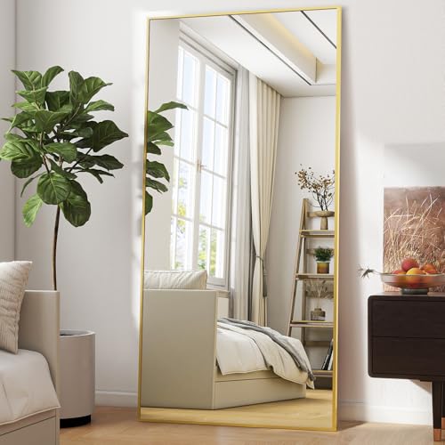 BEAUTYPEAK Übergroßer Großer Ganzkörperspiegel 76x180 cm, Bruchsicher Standspiegel hängend oder lehnend an die Wand, Groß Bodenspiegel mit Ständer für Schlafzimmer, Wohnzimmer oder Ankleidezimmer,Gold von BEAUTYPEAK