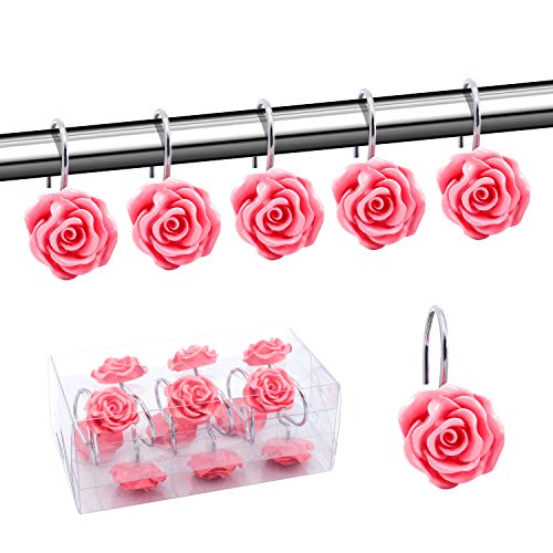 BEAVO Duschvorhang-Haken, rostfrei, Harz-Rosen-Blumen-Duschvorhang-Haken, Ringe für Badezimmer-Duschvorhänge, Set mit 12 Haken (Pink) von BEAVO