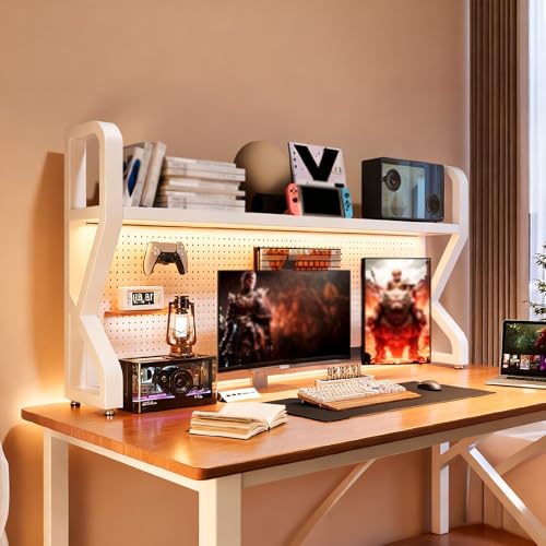 BEBANE Doppellagiges Mehrzweck-Schreibtischregal mit Gitterplatte, DIY-Design möglich, Schreibtisch-Bücherregal für Wohnheime, geeignet für Home-Office-Schlafsäle(White Single Layer,55cm/21.6in) von BEBANE