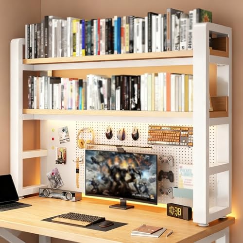 BEBANE Doppellagiges Metall-Schreibtischregal mit Gitterplatte, Doppellagiges Desktop-Lagerregal, Desktop-Metallregal, geeignet für Wohnheime, Büros(White Wood Double Layer,120cm/47.2in) von BEBANE