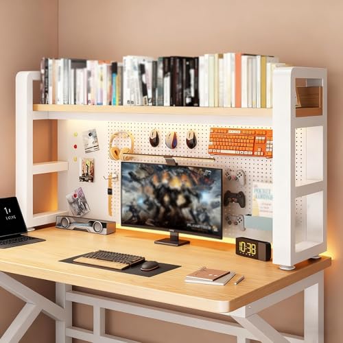 BEBANE Doppellagiges Metall-Schreibtischregal mit Gitterplatte, Doppellagiges Desktop-Lagerregal, Desktop-Metallregal, geeignet für Wohnheime, Büros(White Wood Single Layer,80cm/31.5in) von BEBANE