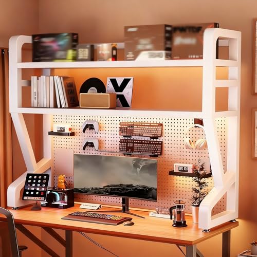 BEBANE Doppelschichtiges Schreibtisch-Aufbewahrungsschrank-Bücherregal,mit Rasterplatte,mit Stecktafel,geeignet für Büro-Schreibtisch-Arbeitsplatten(White Double Layer,130cm/51.1in) von BEBANE