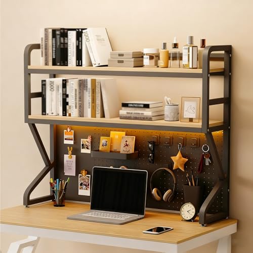 BEBANE Doppelschichtiges Schreibtisch-Bücherregal für Computertisch,mit Stecktafel,Metall-Hutch,für Home(Black+Walnut Double Layer,70cm/27.6in) von BEBANE