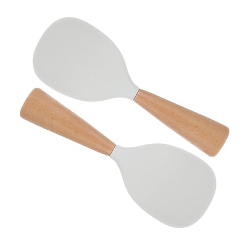 BEBEMOKO 2 Stück Teiliges Reislöffel aus Hitzebeständigem Silikon mit Rutschfestem Holzgriff Antihaftbeschichteter Reis Schaufel für Reiskocher Einfach zu Reinigen Ergonomisch für von BEBEMOKO