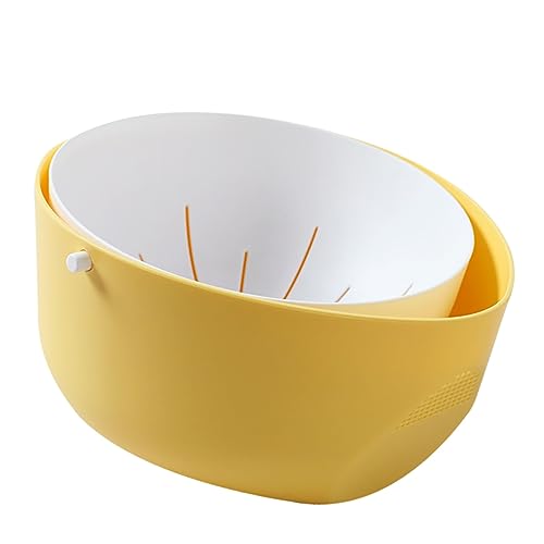 BEBEMOKO Doppelter Abtropfkorb mit Drehmechanismus Abtropf und Waschkorb für Obst Gemüse und Reis Abnehmbarer Siebkorb Zitronengelb für Küche von BEBEMOKO