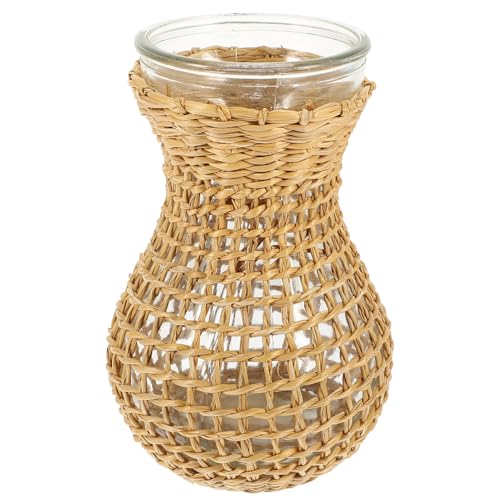 BEBEMOKO Handgewebte Rattan Glasvase für Pflanzen Ländlicher Stil Vielseitige Hydroponik Blumenvase Aromatherapiegeeignet Natürliche Dekoration für Büro und Zuhause von BEBEMOKO