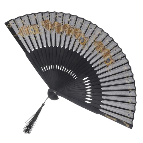 BEBEMOKO Tragbarer Faltbarer Handfächer mit Pfauenfeder Muster Vintage Faltfächer Stoff Dekorativer Handheld Fan für Tanz Party Aufführung und Sommergebrauch von BEBEMOKO