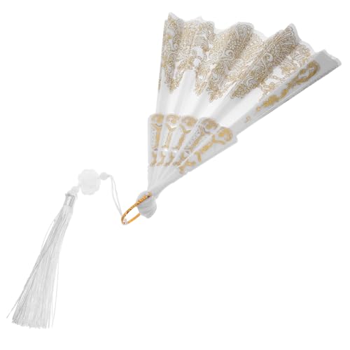 BEBEMOKO Vintage Chinesischer Falt-handfächer mit Goldener Quaste Bestickter Tragbarer Handfächer für Hochzeiten Tanz und Fotografie Dekorativer Leichter Fächer für Frauen von BEBEMOKO