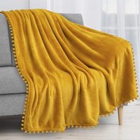 BEBUSINGOTO 100 x 120 cm Fleecedecke für Couch mit Pompon-Fransen, Senfgelb, weich und bequem, Flanelldecke für Schlafsofa, leicht und plüschig, für von BEBUSINGOTO