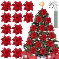BEBUSINGOTO 12 Stück rote Weihnachtssternblumen, künstliche Blumen für den Weihnachtsbaum, Weihnachtsdekoration, Weihnachtsstern mit 12 Stielen und von BEBUSINGOTO