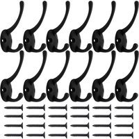 BEBUSINGOTO 12er-Pack schwarze Kleiderhaken zur Wandmontage mit 24 Schrauben, Retro-Doppelhaken, praktische schwarze Haken für Mantel, Schal, Tasche, von BEBUSINGOTO
