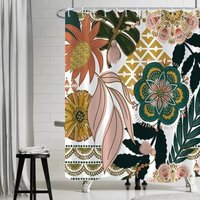 BEBUSINGOTO Böhmischer Duschvorhang, Duschvorhang im Boho-Stil, rosa Blumen, grüne Blätter, Badevorhang, schimmelresistent, wasserdicht, von BEBUSINGOTO