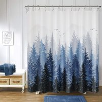 BEBUSINGOTO Duschvorhang Bergwald Natur Baum Stoff Duschvorhang-Set Blau Duschvorhang für Badezimmer Wasserabweisend Duschvorhänge Badewannen Hotel, von BEBUSINGOTO