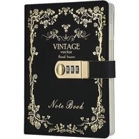 BEBUSINGOTO Notizbuch mit Zahlenschloss - persönliches Tagebuch mit Vorhängeschloss - geheimer Notizblock aus PU-Leder, Größe 215150mm schwarz von BEBUSINGOTO