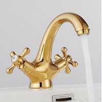 BEBUSINGOTO Vintage Waschbecken Wasserhahn Messing Waschbecken Mischbatterie Bad Mischbatterie mit 2 Griffen Gold von BEBUSINGOTO
