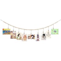 BEBUSINGOTO Wandfotodisplay mit Holzperlengirlande, Collage-Bilderrahmen für böhmische Wanddekoration, Fotohalter mit 9 Holzklammern, für rustikale von BEBUSINGOTO