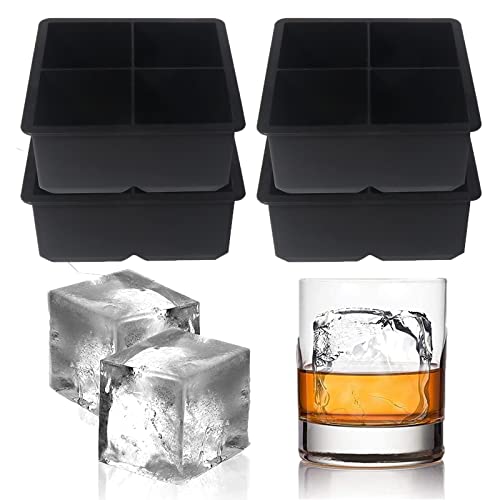 Große quadratische Eiswürfelform – großer Block-Eiswürfel, 6,3 cm, Whiskey-Eiswürfelform, mit leicht zu lösenden Eiswürfeln für Whiskey und Cocktails, lebensmittelecht (schwarz, 4 Fächer) von BECOKIT