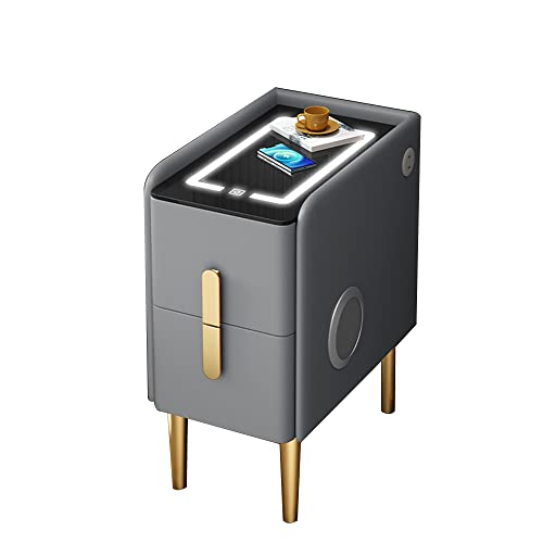 BEdaw Intelligenter Nachttisch Mit Kabelloser Ladestation, Nachttisch Aus Massivholz, Beistelltisch, Mit Bt-Lautsprecher, Usb-Anschluss, Verstellbaren Led-Leuchten, Aufbewahrungsschubladen/Light Gra von BEDAW