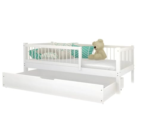BEDDY Kinderbett mit Rausfallschutz 100x200 – Montessori Kinder Bett mit Lattenrost und Schublade - Weiß Kinderbetten für Mädchen und Jungen - Holzbett aus Kiefer Massivholz von BEDDY