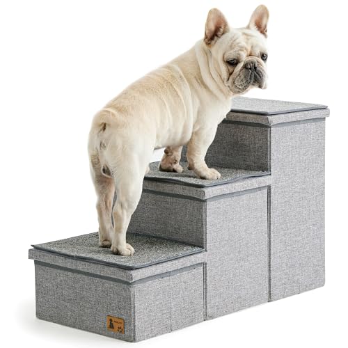 BEDELITE Hundetreppe für kleine Hunde, schwerbelastete, faltbare Haustiertreppe bis zu 90 kg, mit abnehmbaren Matten und Aufbewahrung, 3 Ebenen, Hundetreppe für Hochbett und Couch, Grau von BEDELITE