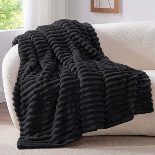 BEDELITE Kuscheldecke Flauschig Decke Klein - weiche Flanell Decken Schwarz 125x150 für Sofa, Deko Streifen Cord Fleecedecke als Sofaüberwurf für Wohnzimmer, Throw Blanket Wide Use von BEDELITE