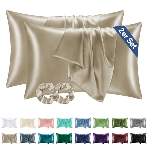 BEDELITE Satin Kissenbezug 40x60 Taupe - Kopfkissenbezug 2er Set Weich wie Seidenkissenbezug 40 x 60 Sommer mit 2 Haargummis für Haar und Haut, Similar to Silk Pillowcase Pillow Cover von BEDELITE