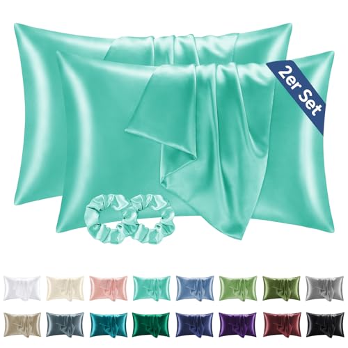 BEDELITE Satin Kissenbezug 40x60 Türkis - Kopfkissenbezug 2er Set Weich wie Seidenkissenbezug 40 x 60 Sommer mit 2 Haargummis für Haar und Haut, Similar to Silk Pillowcase Pillow Cover von BEDELITE
