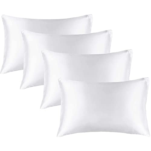 BEDELITE Satin-Seiden-Kissenbezüge für Haar und Haut, weiße Kissenbezüge, Standard, 4er-Pack, superweicher Kissenbezug mit Hotelverschluss (50,8 x 66 cm) von BEDELITE