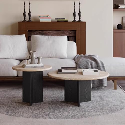 BEDOIN Cave Stone Couchtisch Set, Wabi-Sabi Stil Rund Walnussholz Wohnzimmer Home Designer Licht Luxus Antik Stil Couchtisch und Beistelltisch E1 von BEDOIN