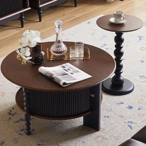 BEDOIN Französischer Retro-Kaffeetisch aus massivem Holz und runder Teetisch-Set, chinesisch inspirierter Teetisch für kleine Wohnungen, Wohnzimmer-Retro-Rundtisch C1 von BEDOIN
