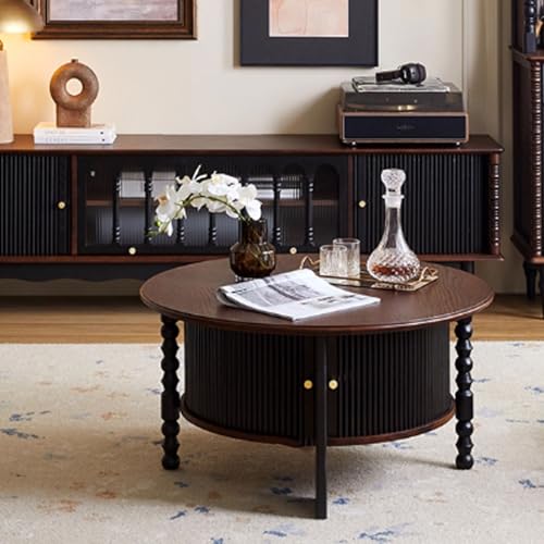 BEDOIN Französischer Retro-Kaffeetisch aus massivem Holz und runder Teetisch-Set, chinesisch inspirierter Teetisch für kleine Wohnungen, Wohnzimmer-Retro-Rundtisch D1 von BEDOIN
