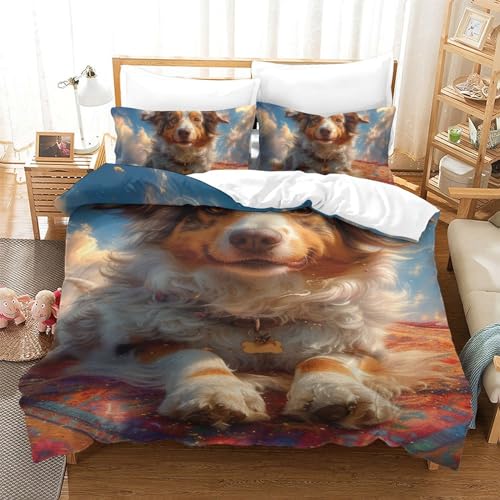 BEDPOCHY Australian Shepherd Hund 3D Gedruckt Bettwaren 3 Teilig Bettbezug Set Mit Kissenbezügen Soft Microfaser Luxus Modern Mit Reißverschluss Für Erwachsene Und Kinder Single（140x200cm） von BEDPOCHY