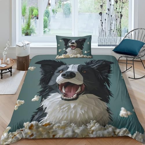 BEDPOCHY Border Collie Bettbezug-Set 2-teilig Für Jugendliche Und Erwachsene Ultraweiche Mikrofaser Mit Kissenbezüge Haushunde Bettwäsche Set Mit Reißverschluss Single（135x200cm） von BEDPOCHY