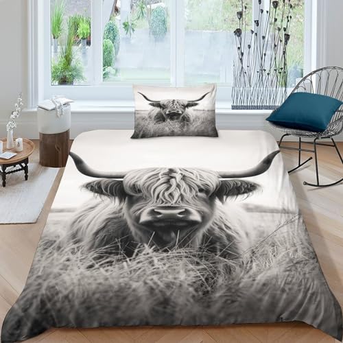 BEDPOCHY Highland Cow Bettwäsche-Set Für Kinder Jungen Mädchen Teenager Erwachsene Mit Bettdecke, Kissenbezug Animal Bettbezug-Set 2-teilig Mit Reißverschluss Mikrofaser Single（135x200cm） von BEDPOCHY