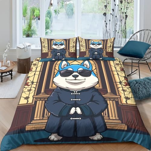 BEDPOCHY Shiba Inu Bettwäsche-Set 3-teilig Leicht Weiche Mikrofaser Mit Kissenbezug Haushunde Bettbezug-Set Mit Reißverschluss Für Jungen Mädchen Teenager Erwachsene Double（200x200cm） von BEDPOCHY