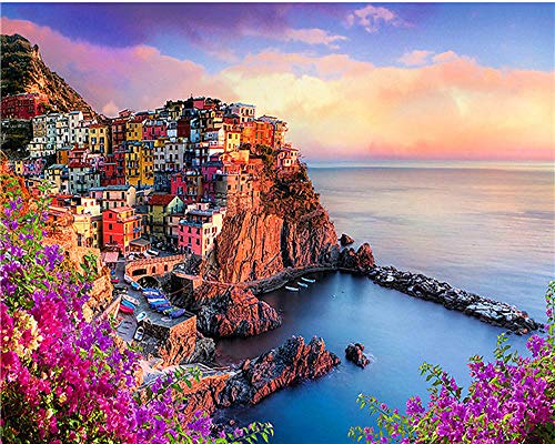 BEDSERG DIY Ölgemälde Malen nach Zahlen Erwachsene Kit für Anfänger Kinder Italien Cinque Terre Landschaft kreative Digitale Leinen Leinwand Home Haus Dekor - 40*50 cm von BEDSERG