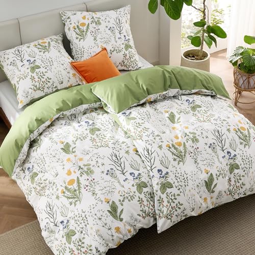 BEDSURE Bettwäsche 135x200 4teilig Baumwolle - Bettwäsche-Sets Grün Bettbezug 2er Set mit 2 Kissenbezüge 80x80 cm, Wendebettwäsche Bedding Salbeigrün Blumen Muster mit Reißverschluss von BEDSURE