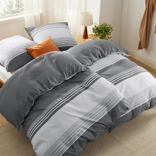 BEDSURE Bettwäsche 135x200 4teilig Bettbezug - Bettwäsche-Sets 135 x 200 cm 2er Set mit 2 Kissenbezüge 80x80cm, ÖKO-TEX Wendebettwäsche Bedding Grau Gestreift Muster mit Reißverschluss von BEDSURE