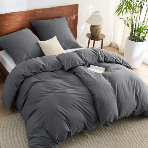 BEDSURE Bettwäsche 135x200 Baumwolle 4teilig - Bettwäsche-Sets Anthrazit Bettbezug 2er Set mit 2 Kissenbezüge 80x80 cm, Ähnliche Textur wie Washed Leinen, Oeko-TEX Bedding Grau mit Reißverschluss von BEDSURE